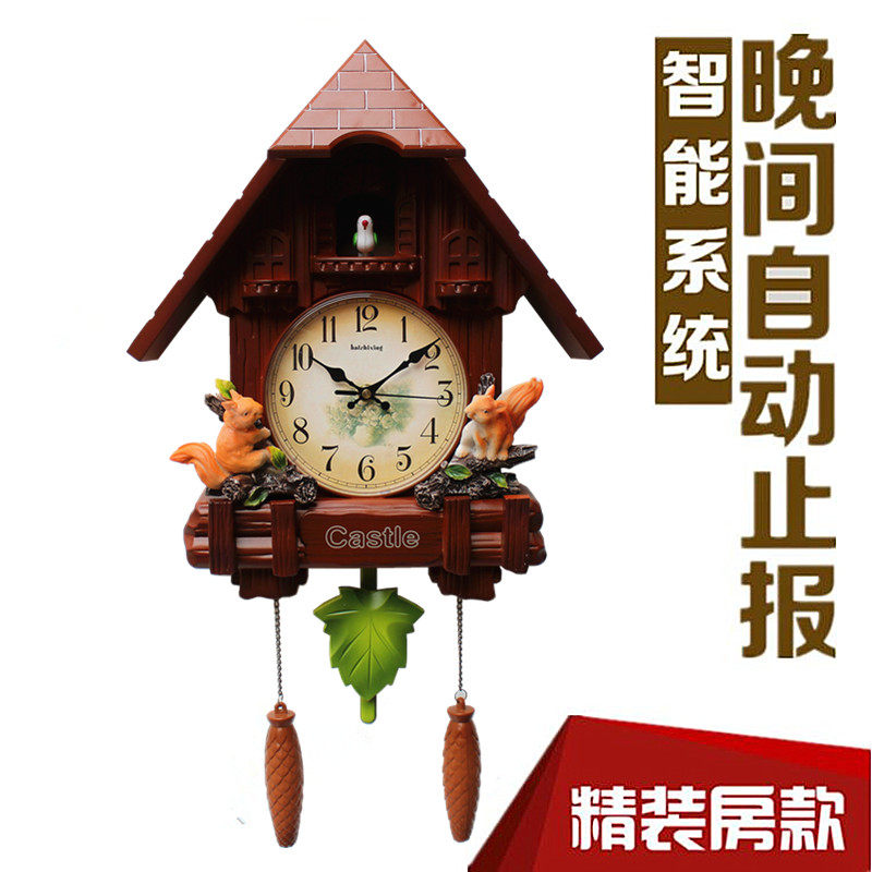 创意咕咕音乐挂钟 田园风格静音挂钟 黄裂纹PVC表盘音乐时钟