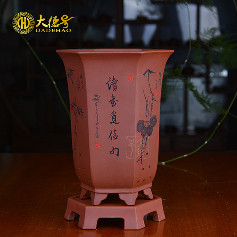 宜兴紫砂花盆中国风室内六角兰花盆兰花专用盆高档紫砂透气兰花盆