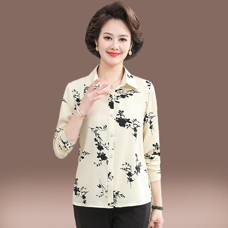 妈妈春夏季长袖衬衫女士中年新款洋气上衣中老年女装时尚花色衬衣