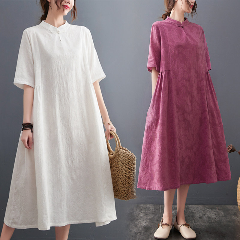 2022夏装新款中国风女装盘扣立领长裙胖mm收腰气质宽松改良连衣裙,女装/女士精品,连衣裙,淘宝优惠券,粉丝福利购,淘宝优惠卷