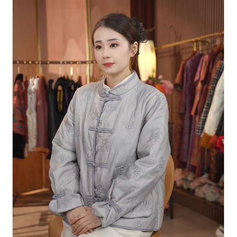新中式女装粉色棉服外套女冬季2024年新款高级感国风盘扣唐装上衣