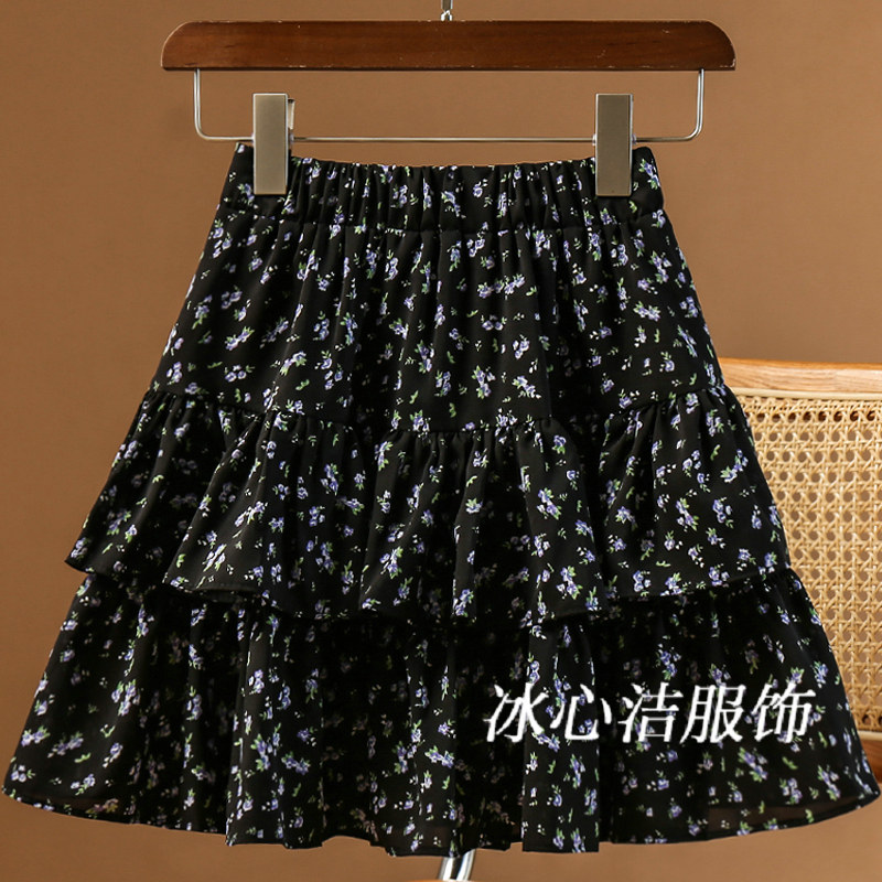 黑色碎花雪纺荷叶边短裙半身裙女夏季2024新款小个子蛋糕短款裙子