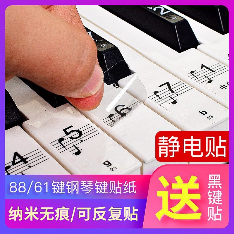 纳米静电透明88/76/61键钢琴键盘贴简谱五线谱初学电子琴按键贴纸