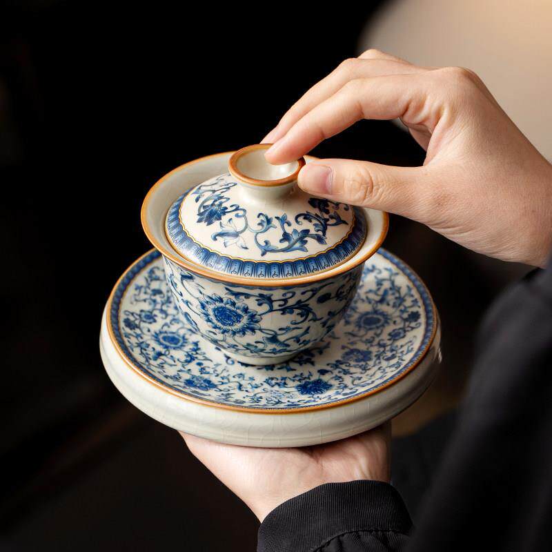 汝窑青花缠枝莲三才盖碗茶杯茶杯高档带盖子家用国风功夫泡茶碗