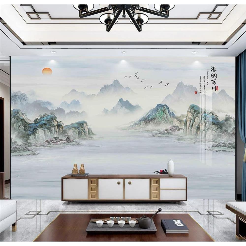 新中式山水画电视背景墙PET高光1.2米碳晶实心大板护墙板全屋定制