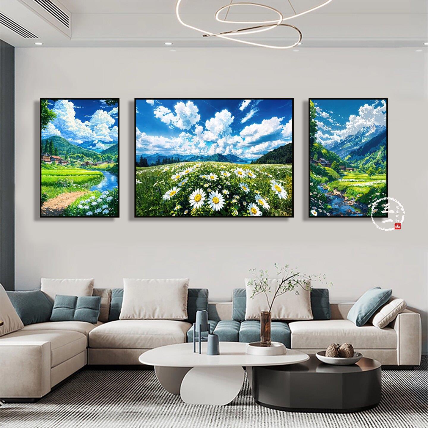 宫崎骏风格治愈风景客厅三联画夏日田园沙发背景墙装饰画有框挂画