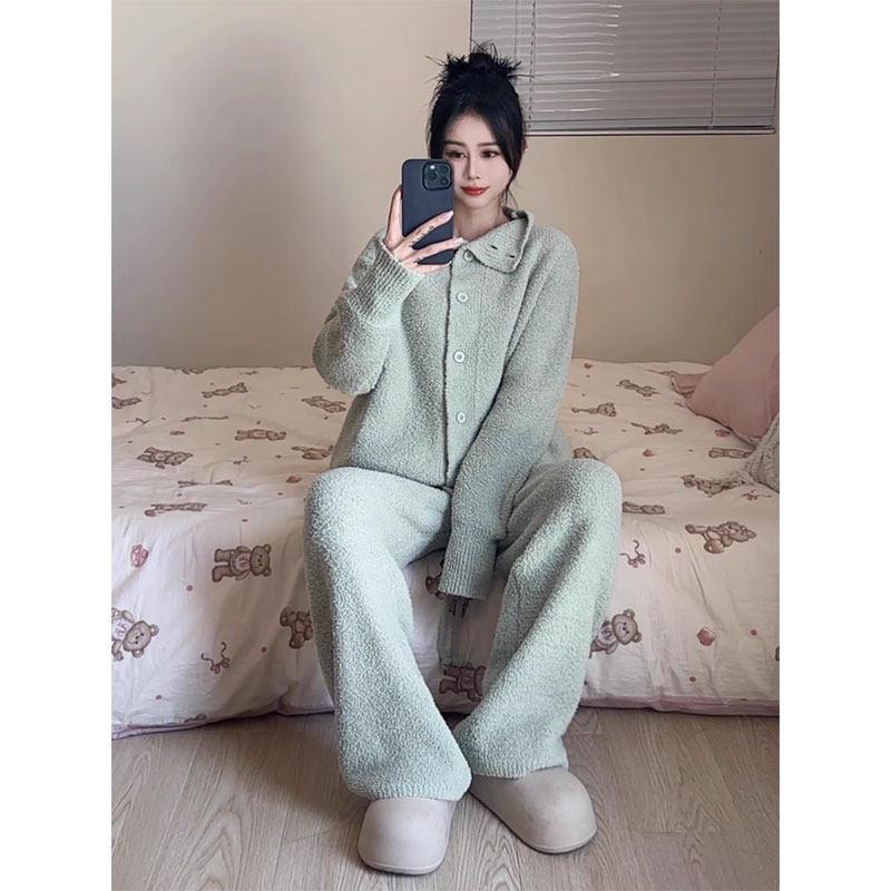 2025新款保暖睡衣秋冬季半边绒加绒加厚冬天可外穿女士家居服套装