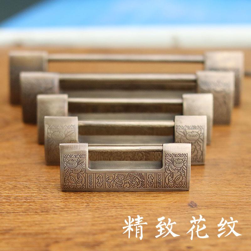 中式彷古横开挂锁老式复古刻花铜锁箱子书柜门小挂锁小铜锁插销锁