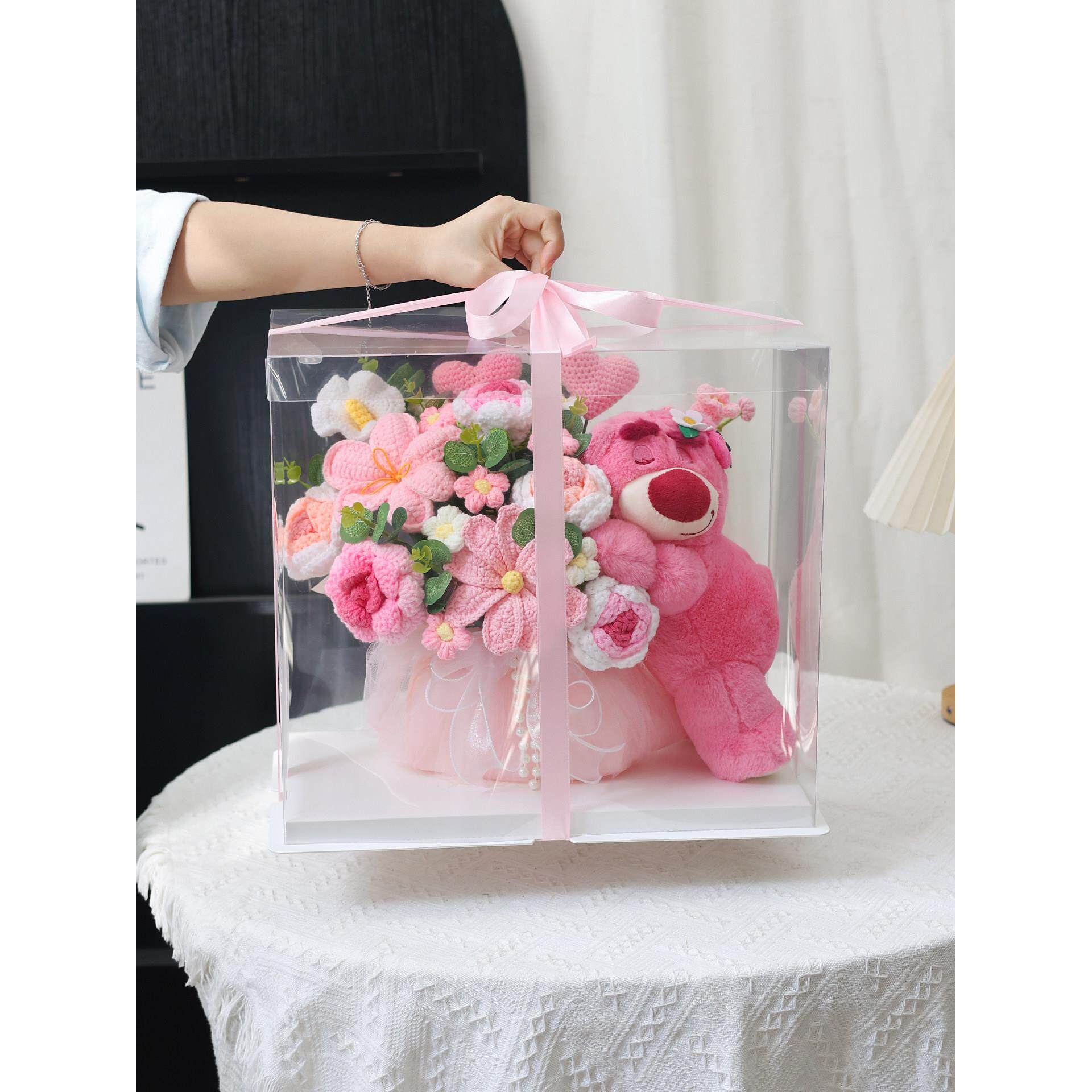 成品针织毛线彷真玫瑰花束抱抱熊生日礼物高档礼盒精致送女友闺蜜