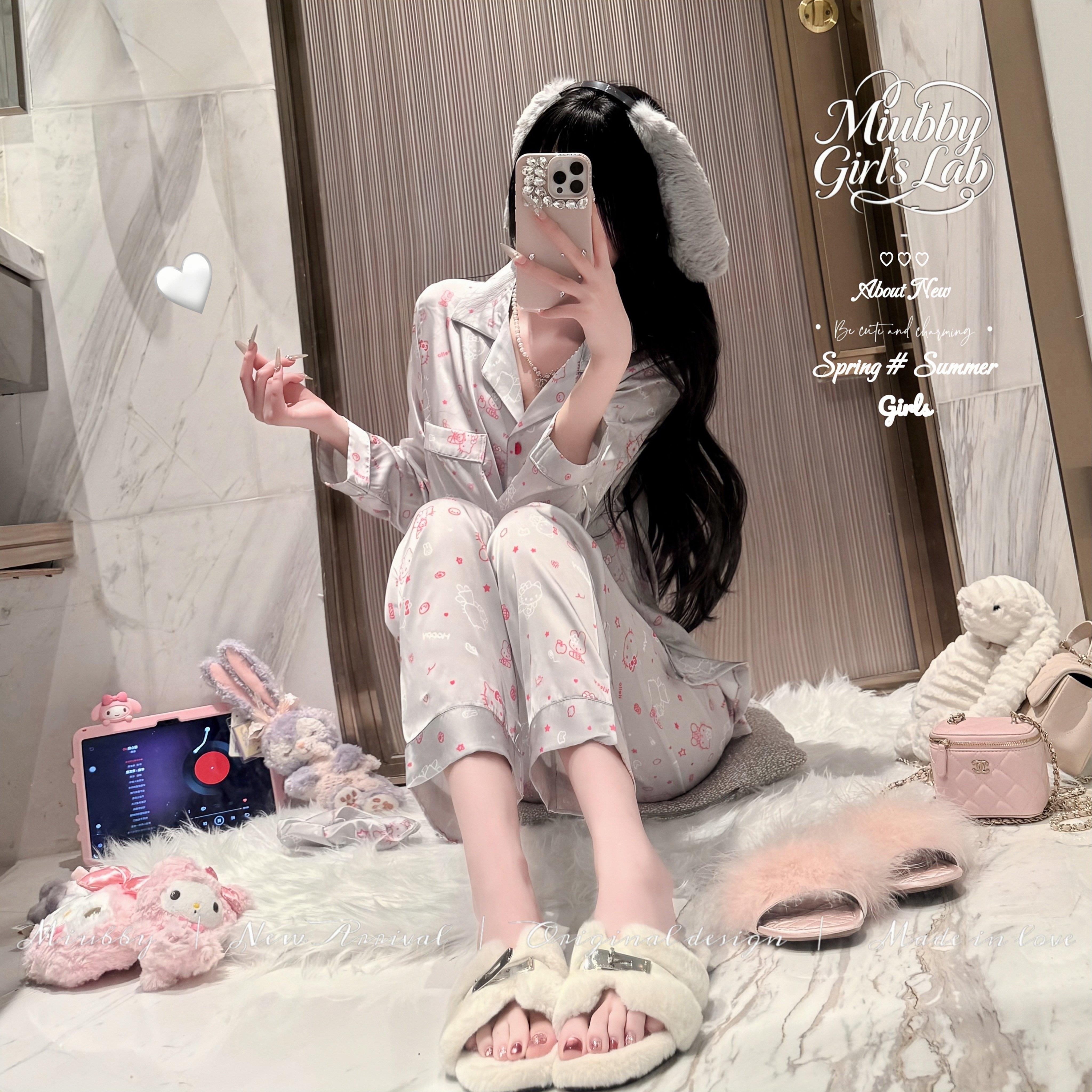 Miubby「银灰KT」纯欲显白高级感印花冰丝家居服睡衣2026春季新款