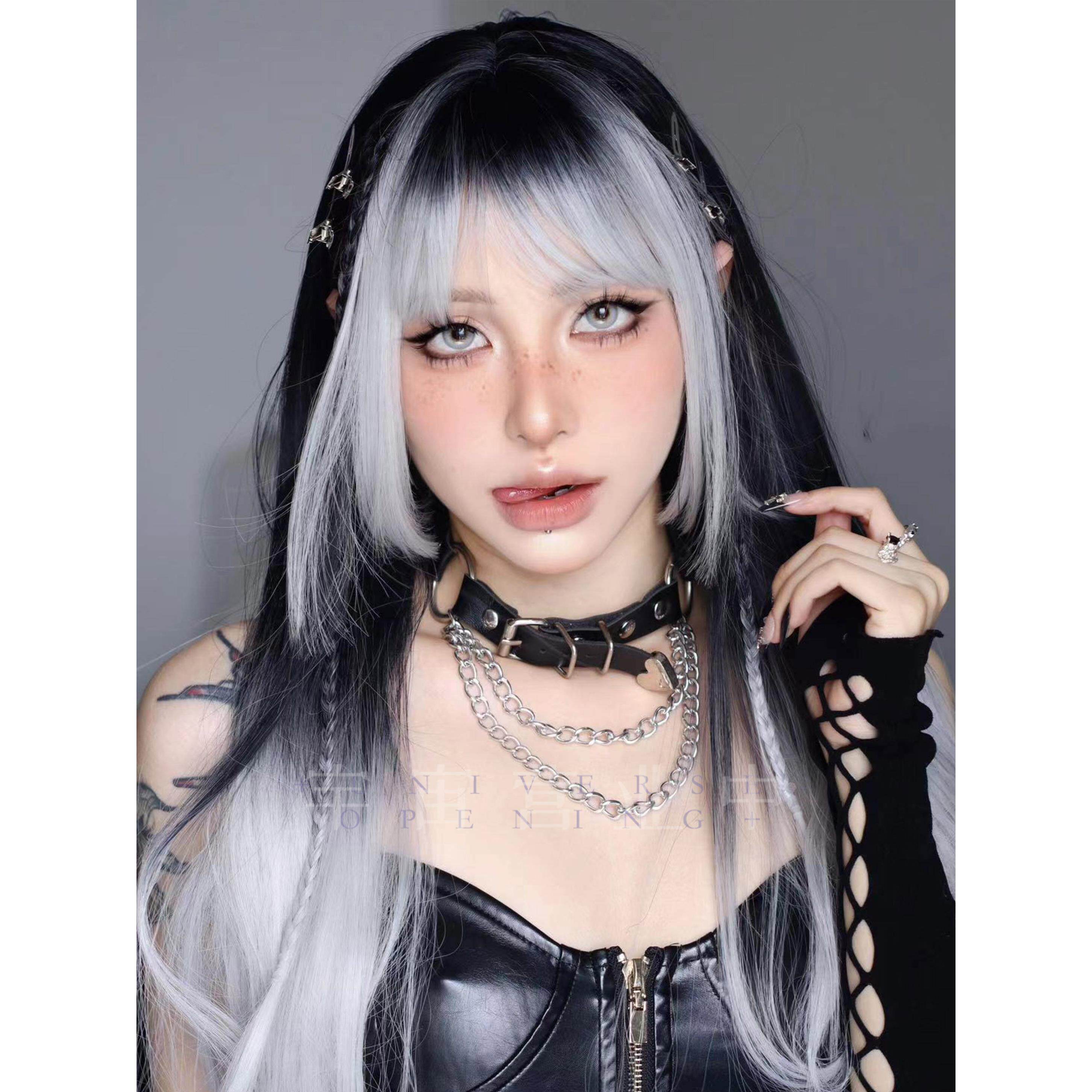 「迷雾之夜」银黑渐变蕾系lolita哥特魔女亚文化齐刘海长直假发