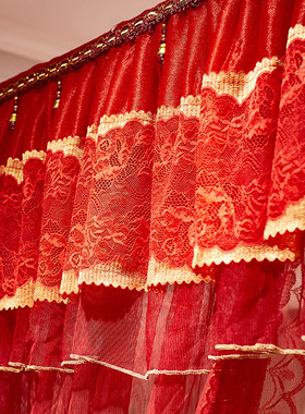 欧式双层大红色蚊帐公主宫廷三开门落地式结婚婚庆双人1.5米1.8m