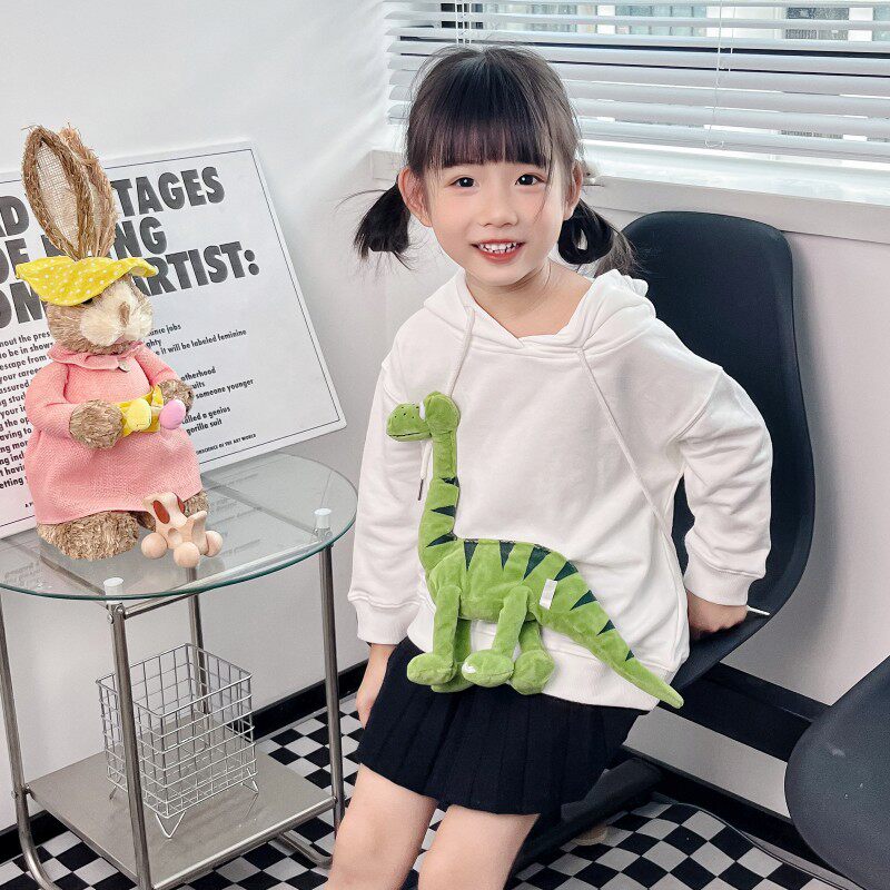 男童立体玩偶动物恐龙衣服女童厚T恤春秋款2023新款儿童连帽上衣