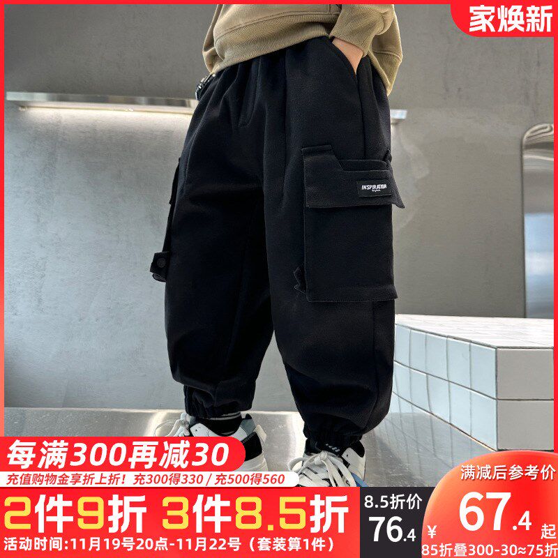 男童加绒工装裤一体绒秋冬季2024新款中大童男孩长裤儿童加厚裤子