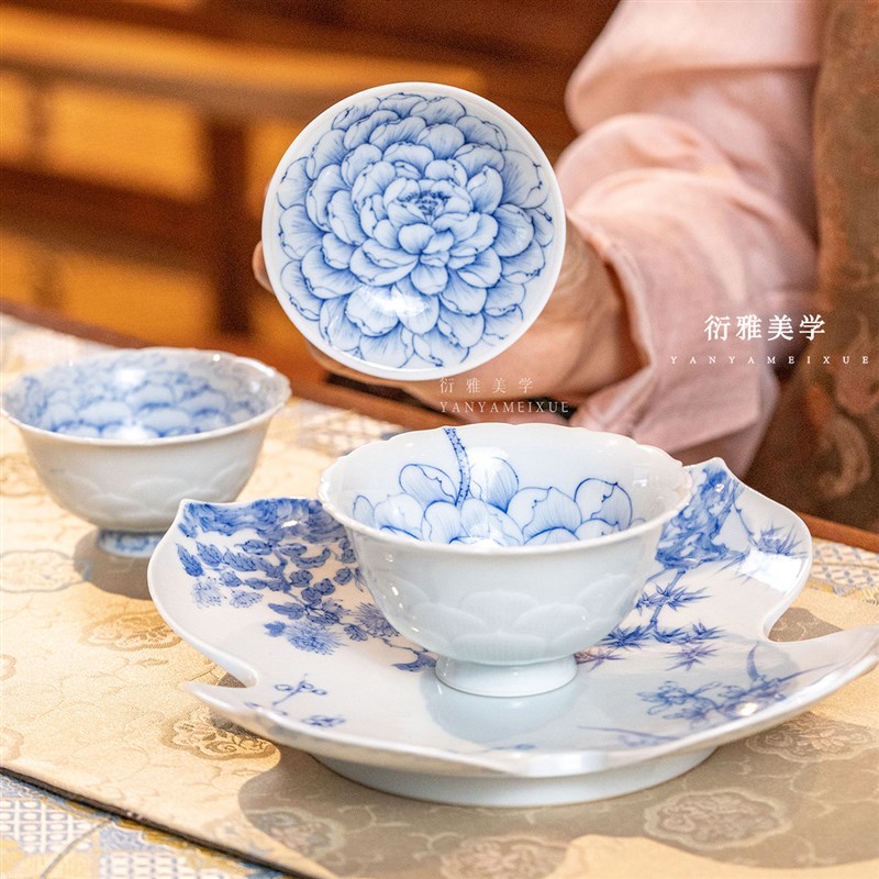 小雅家青樵轩手绘釉下彩青花瓷花开灿烂茶杯壶承盖碗 景德镇茶具