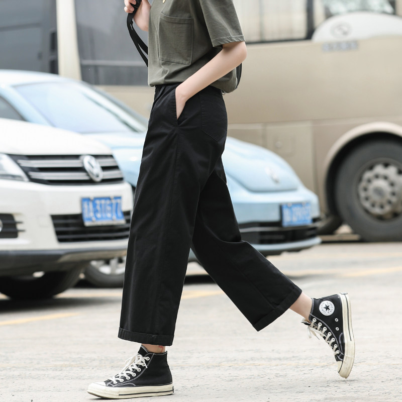 黑色裤子女宽松直筒阔腿大码工装裤夏季薄款休闲胖mm春秋显瘦九分