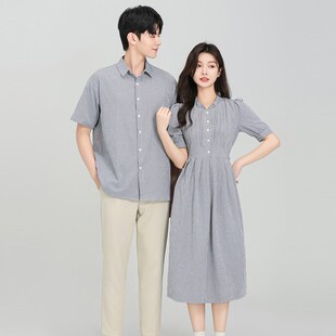 情侣装春夏季2024新款套装女格子连衣裙男高级衬衫不一样一裙一衣