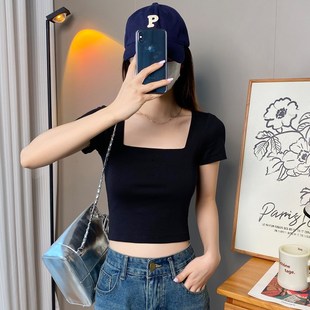 纯棉白色短款方领短袖t恤女春夏低领露脐打底衫内搭紧身u领上衣潮