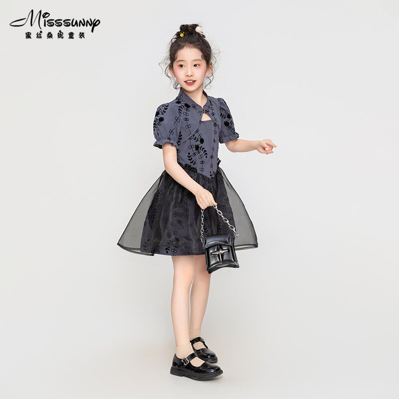 蜜丝桑妮改良旗袍碎花连衣裙母女款2024夏季新款女童仙灵轻纱裙子