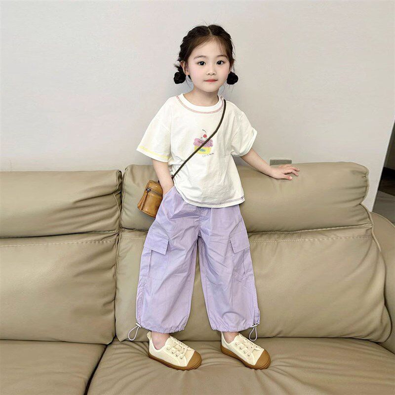 韩国童装2025夏季新款白色卡通蛋糕短袖T恤女童紫色休闲工装裤