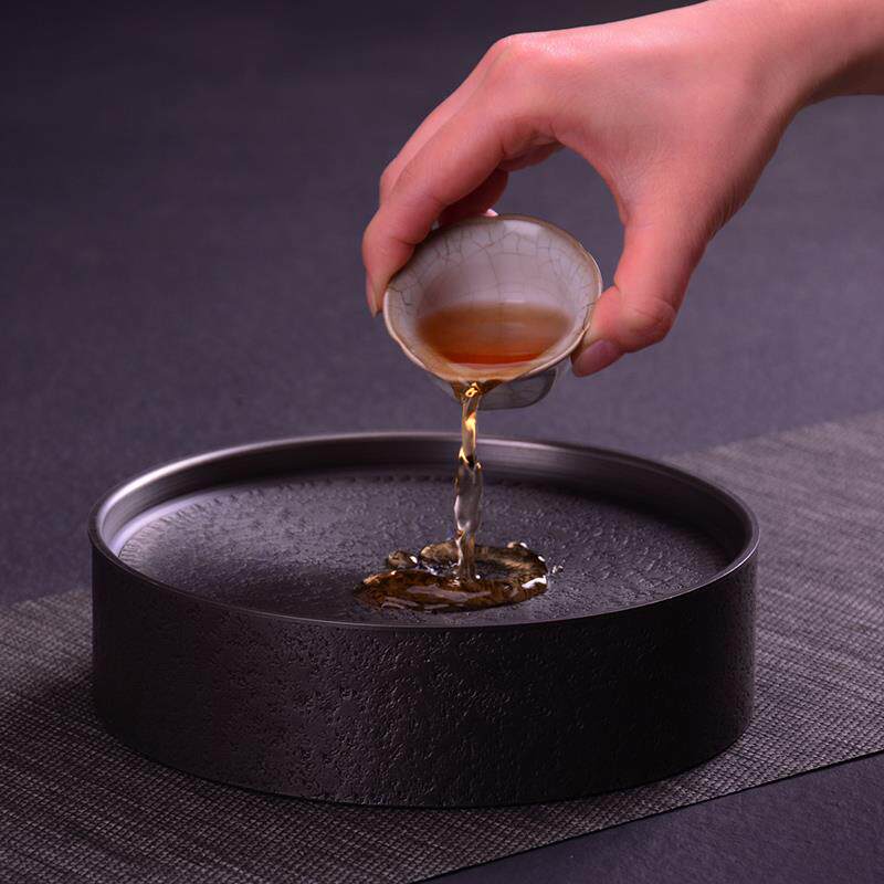 纯锡茶盘 茶洗金属岩纹壶承家用干泡台功夫茶具 紫砂壶圆形壶托盘