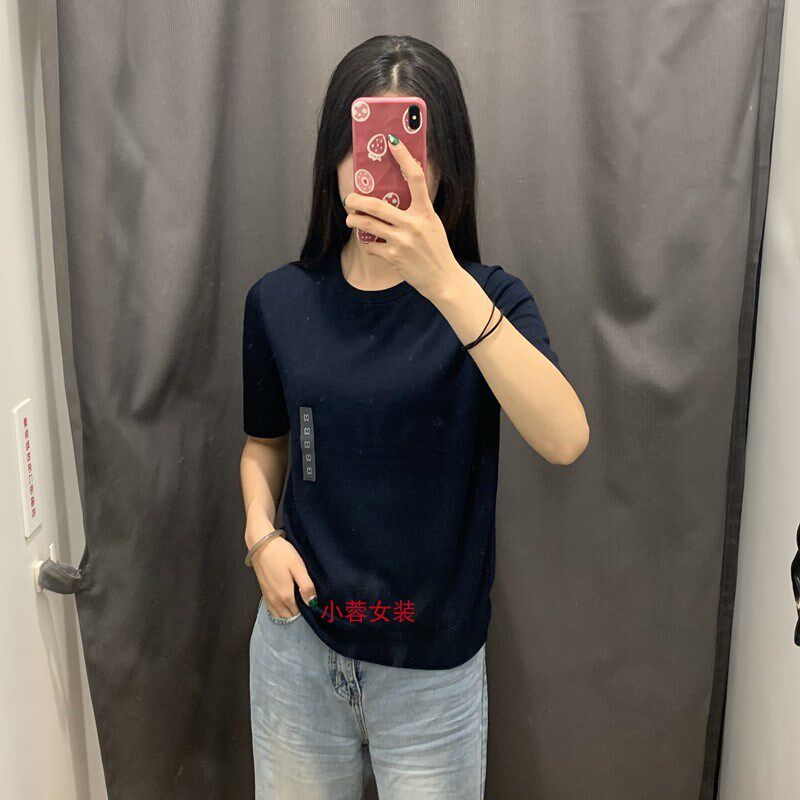 日单/女装精纺美利奴圆领针织衫五分袖中袖空调衫套头衫T恤461035