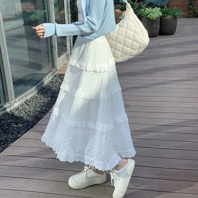 白色半身裙女中长款春秋2024新款夏季a字裙高腰小个子蓬蓬蛋糕裙