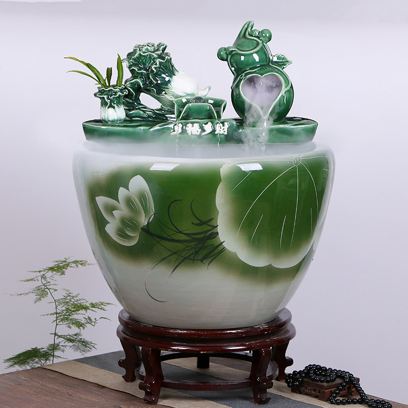 景德镇陶瓷鱼缸流水喷泉家用锦鲤缸特大号养鱼盆落地加湿造景摆件