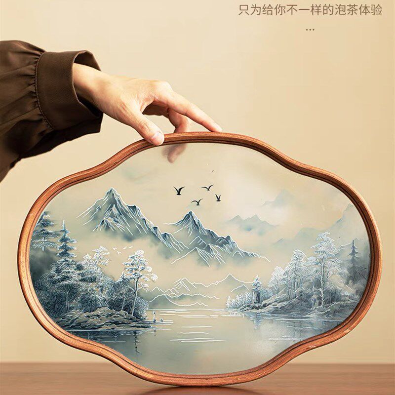高档竹制海棠茶托盘寒江雪陶瓷功夫茶具干泡盘复古插画玻璃办公室