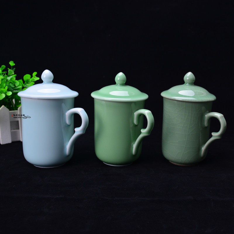 精品龙泉青瓷织女杯家用陶瓷带盖泡茶水杯办公会议杯礼品茶杯定做