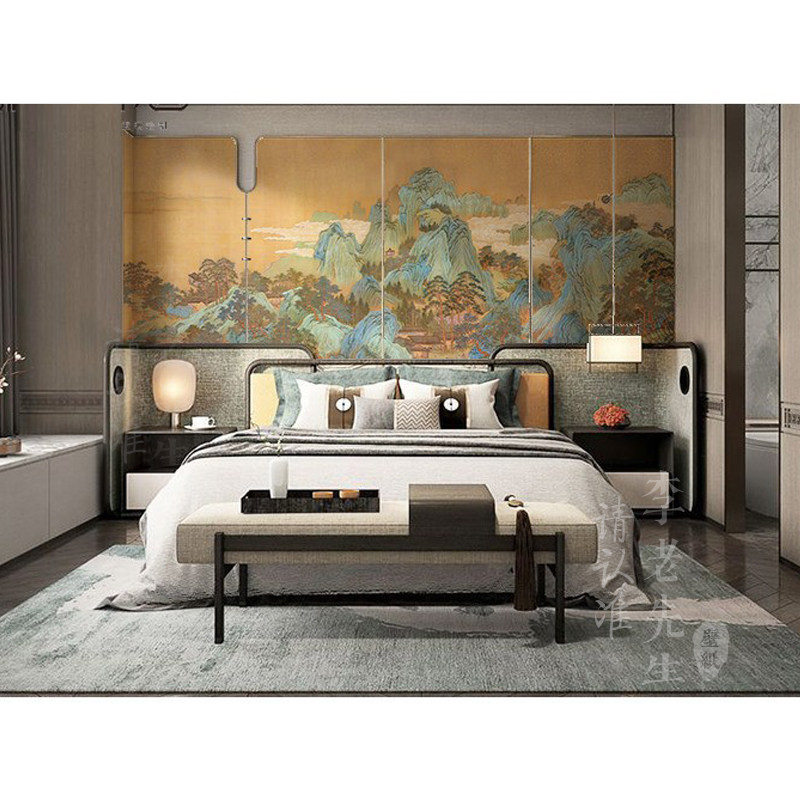代中式千里江山大m气山水客厅背景墙纸壁布书房卧室环保定制壁画