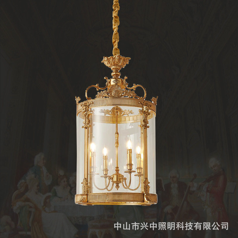 法式别墅楼梯过道走廊小吊灯欧式古典玄关灯复古阳台玻璃全铜吊灯