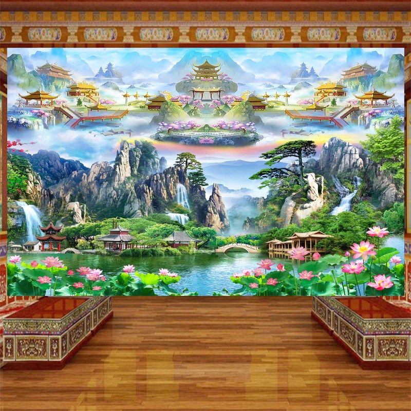 仙道佛天庭天宫仙境壁纸佛堂供桌背景墙装饰壁画 画流水聚财古亭