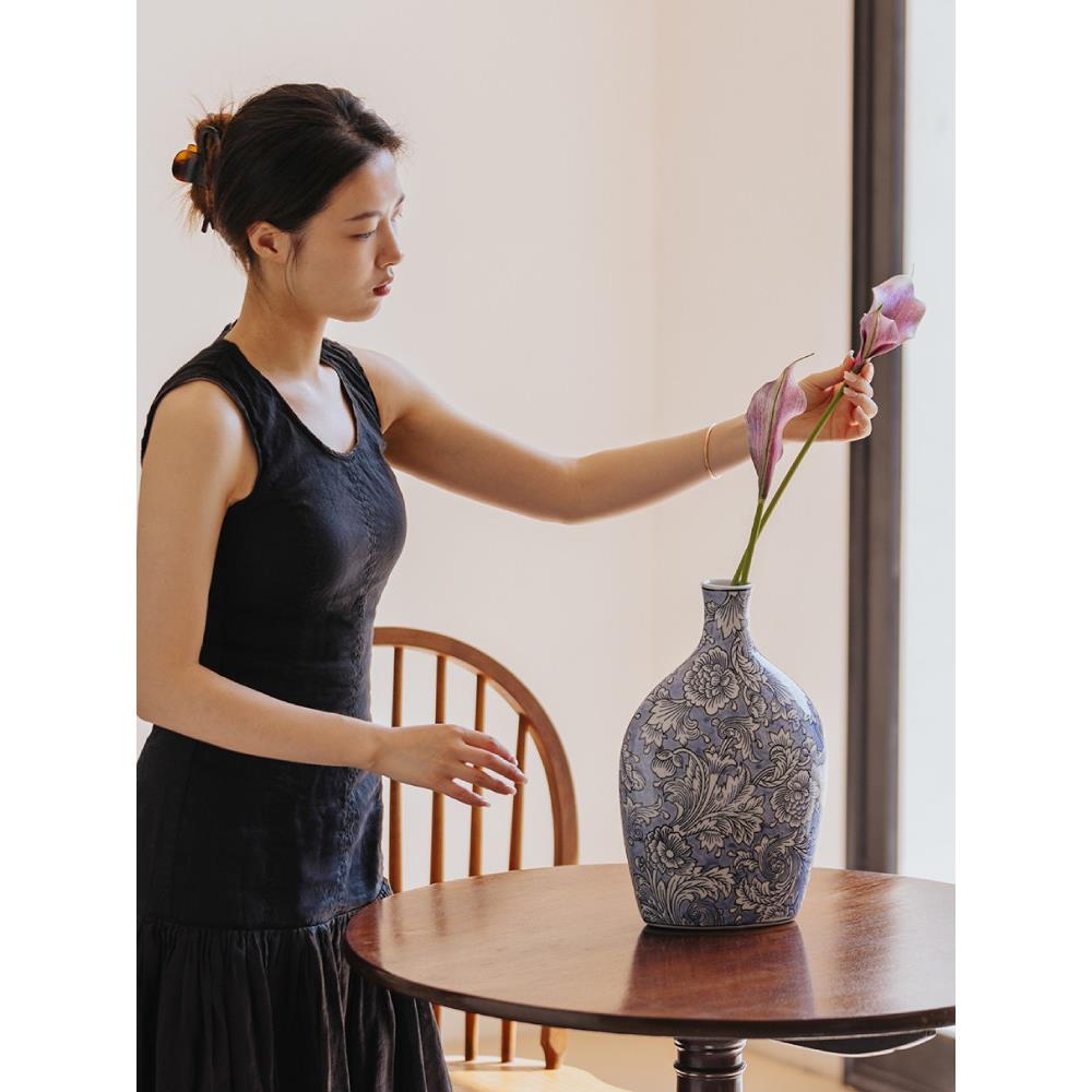 海洋美术馆·雪六六青花瓷花瓶中国陶瓷书房东方覆古入口装饰品