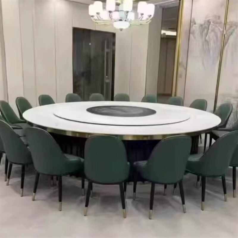 酒店电动餐桌转盘带电磁炉火锅桌面大理石圆形15人20人岩板大圆桌