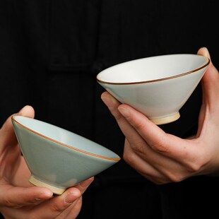 汝窑箬笠杯主人杯单杯品茗杯高端复古汝瓷斗笠杯茶盏茶碗开片可养