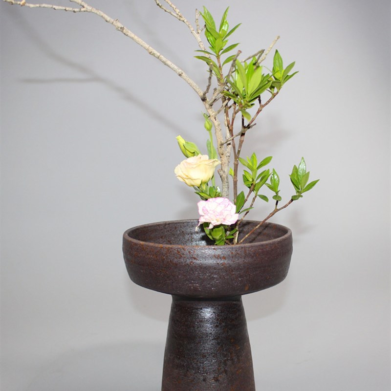 粗陶高脚花器 平底高脚盆 花盘 日式插花 茶室复古花艺摆件 装饰