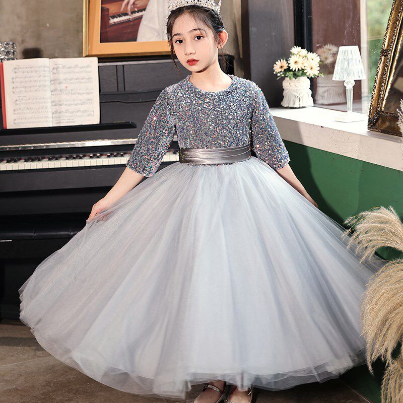 儿童礼服公主裙女童高端灰色小女孩花童主持人钢琴演出服演奏秋冬