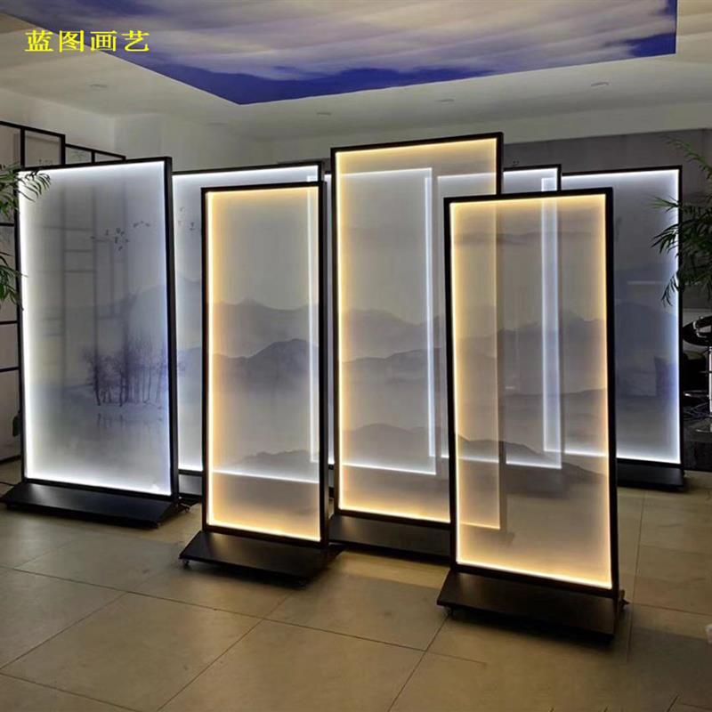 定制新款灯带滑轮双面半透明纱布画防水黑金色木纹色铝合金框屏风