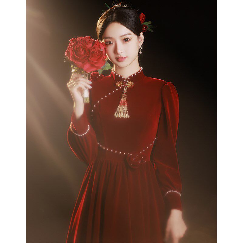 旗袍敬酒服2023新款新娘高级感红色回门连衣裙女中式订婚礼服冬季