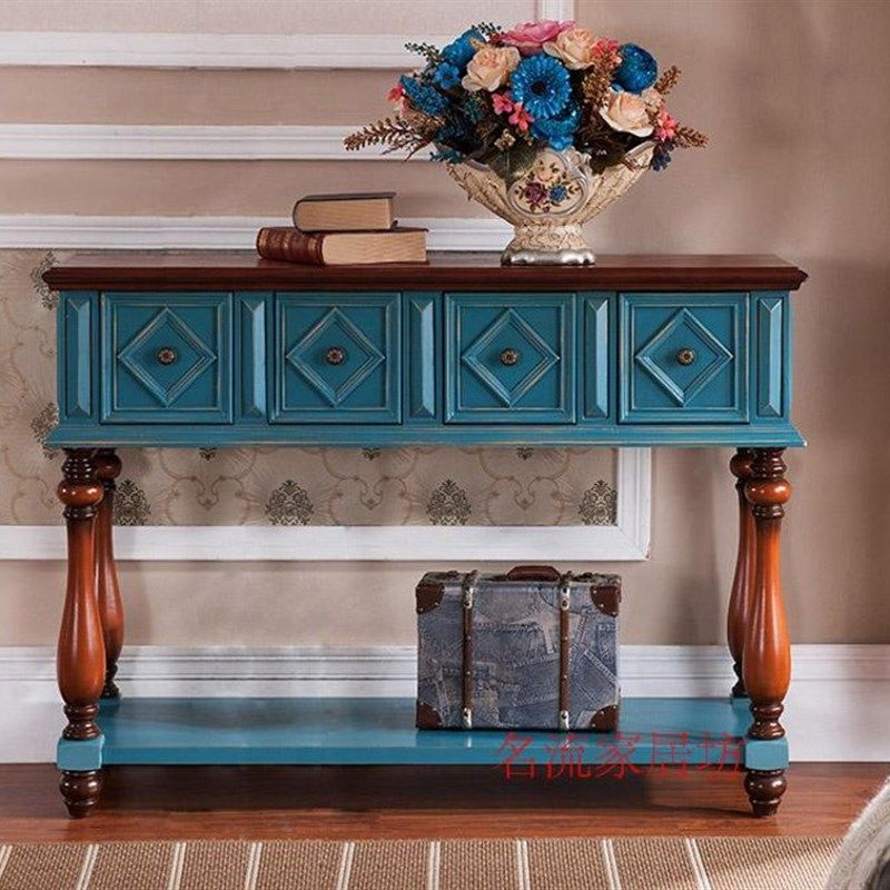 美式乡村实木玄关台玄关桌欧式端景柜新古典玄关长桌条案抽屉做旧