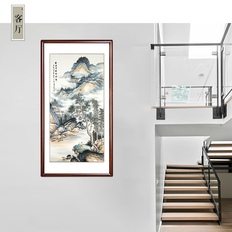 玄关画竖版字画楼梯间玄关带框国画办公室客厅手绘山水画走廊挂画