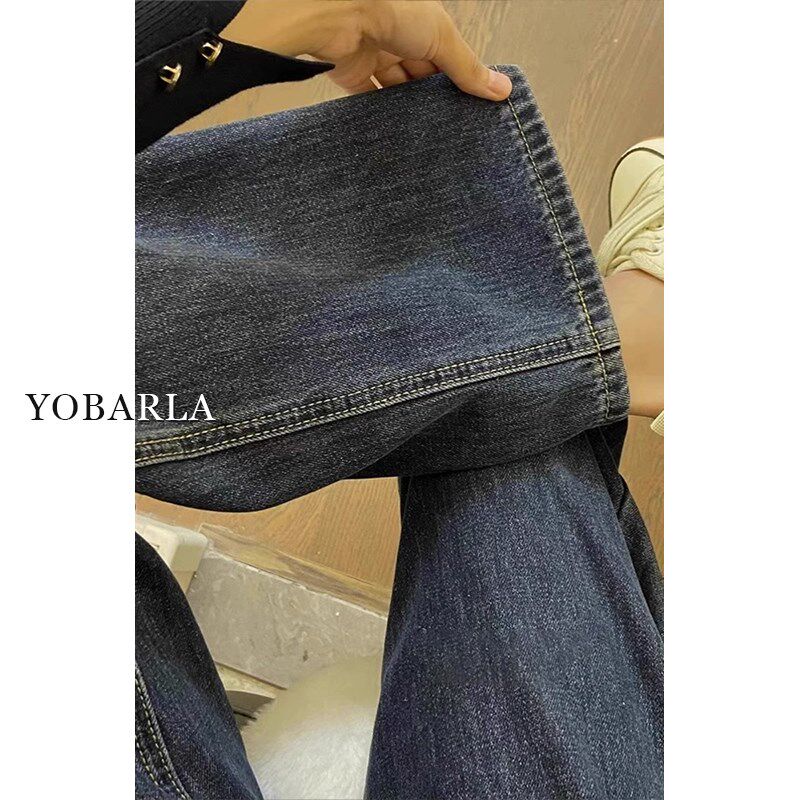 蓝灰色牛仔裤女春秋高腰宽松大码梨形身材胖mm显瘦窄版阔腿长裤子