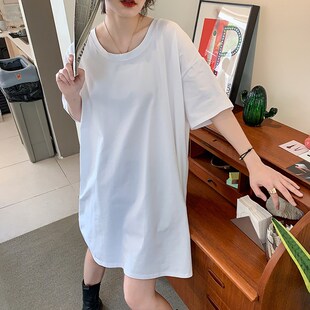 大圆领短袖t恤女2024新款胖mm中长款大版宽松大码遮肚连衣裙200斤