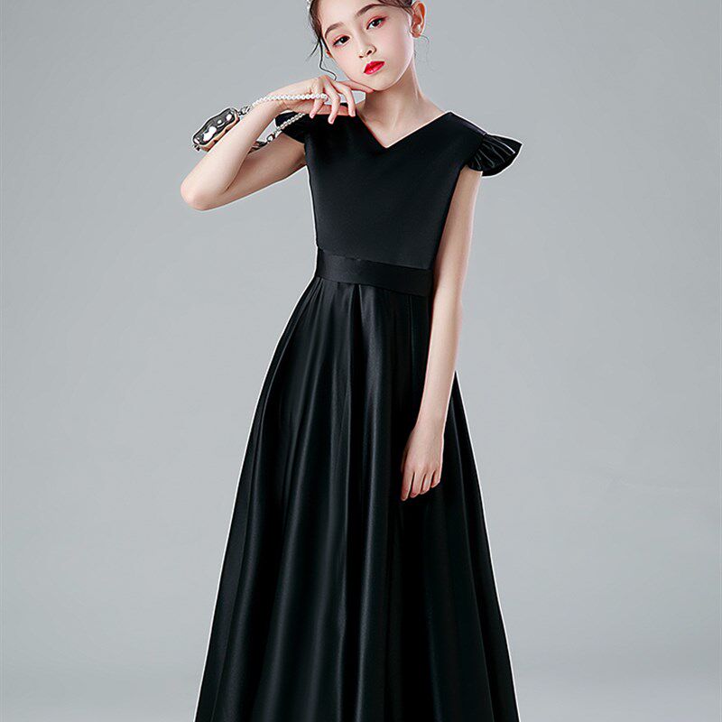 小提琴大提琴音乐会演奏钢琴演出晚礼服儿童长款公主裙黑色洋气春