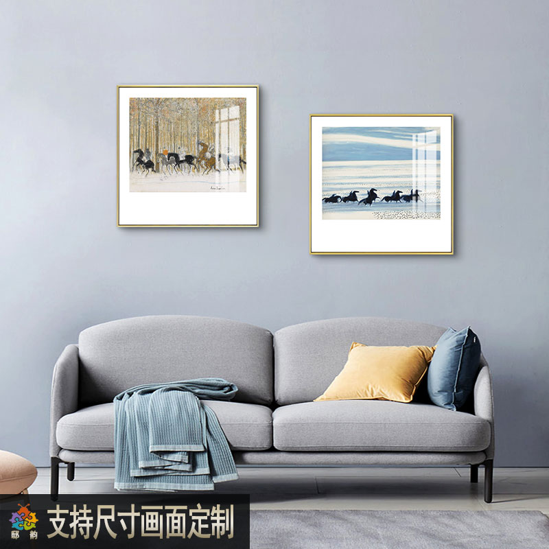 抽象艺术小众室内挂画北欧风正方形马图案壁画民宿卧室房间装饰画