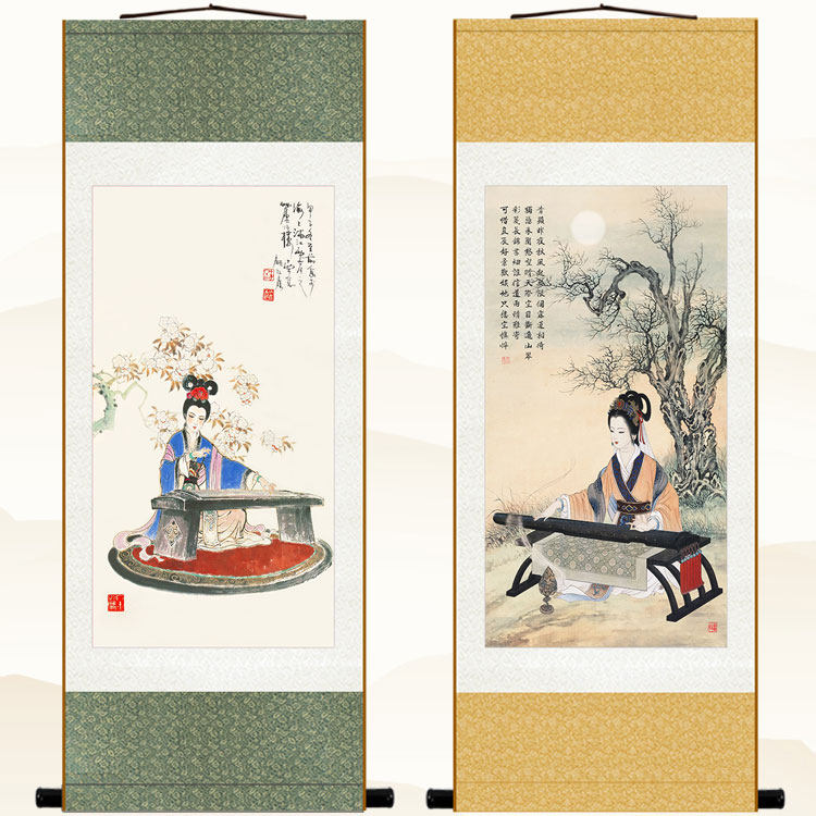 仕女抚琴图 古代美女古筝弹琴人物画像 中式卷轴挂画装饰画绢布画