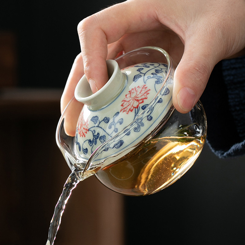 青花瓷茶壶单个盖碗家用手抓壶陶瓷玻璃小号泡茶器不烫手功夫茶具