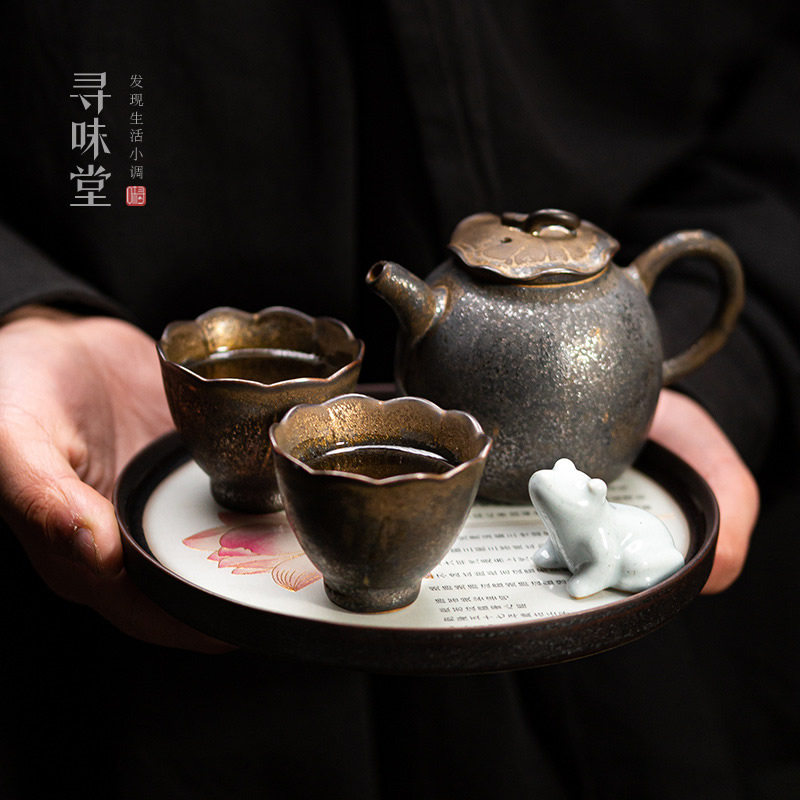 洒金釉粗陶功夫茶具复古风荷叶茶壶一壶二杯中式陶瓷随手礼套装
