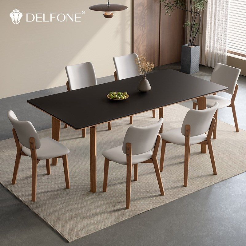 德利丰实木岩板餐桌小户型家用胡桃木色法式复古侘寂风长方形饭桌,住宅家具,岩板餐桌,淘宝优惠券,粉丝福利购,淘宝优惠卷